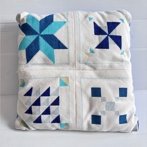 Handmade Patchwork Throw Pillow Blue Quilted Cushion